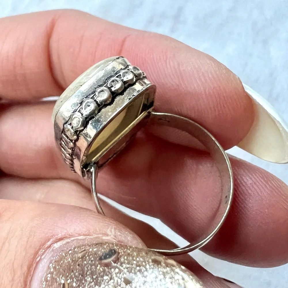925 *flaw* Blue Flash PEACH MOONSTONE Ring 7.5 - Picture 8 of 12